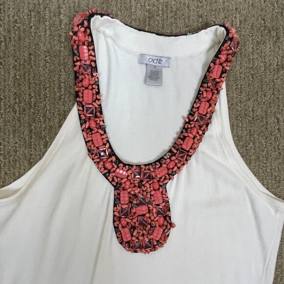 Cache Y2K Knit Beaded Tank Top Ivory Small Boho Festival Gathered Waist S - Picture 3 of 8
